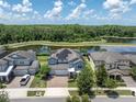 Aerial view of the community showing the lake and tree line, with a blue house with solar panels at 2641 Whittler Br, Odessa, FL 33556