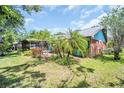 Back exterior shot with tropical plants and lush green grass, including screened patio at 3224 Hilary Cir, Palm Harbor, FL 34684