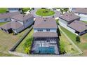 Aerial view of property backyard with pool and screened in patio within a fenced in yard at 12902 Brookside Moss Dr, Riverview, FL 33579