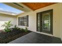 Inviting front entrance with decorative glass door, wood ceiling and manicured landscaping at 3205 Pleasant Lake Dr, Tampa, FL 33618