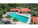 Aerial view of a community pool and cabana area with a hot tub and plenty of space for residents to relax and enjoy at 2412 Hammock Pine Blvd, Clearwater, FL 33761