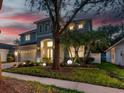Charming two-story home with a well-manicured lawn and garden featuring spherical decorative lights at 16206 Nottingham Park Way, Tampa, FL 33647