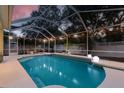 Screened-in pool area with turquoise-colored water and decorative lights for evening swims and relaxation at 16206 Nottingham Park Way, Tampa, FL 33647