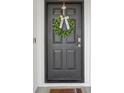 Close-up of a stylish black front door adorned with a wreath at 1010 Elm Grove Ln, Valrico, FL 33596
