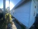 View of the side of the house showing light blue siding with windows and greenery surrounding the house at 8203 N Semmes St, Tampa, FL 33604