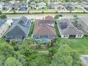 Aerial view of backyards with screened-in pools, and mature trees offering privacy, showcasing the desirable neighborhood at 1696 Hidden Springs Dr, Trinity, FL 34655