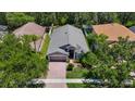 Attractive single-Gathering home surrounded by mature trees, a brick driveway, and lush landscaping at 16219 Nottingham Park Way, Tampa, FL 33647