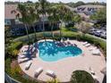 Aerial view of community pool with plenty of lounge chairs and lush tropical palm trees at 7838 66Th N Way, Pinellas Park, FL 33781