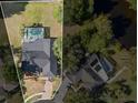 Aerial view of the home showcasing pool, solar panels, and proximity to a serene lake at 16014 Amberly Dr, Tampa, FL 33647