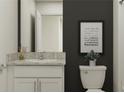 Stylish half bath with a modern vanity and charming wall art above the toilet at 10229 Trumpet Honeysuckle Way, San Antonio, FL 33576