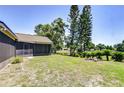 Spacious backyard with a pond view, mature trees, screen porch and a sunny lawn area at 12846 Tallowood Dr, Riverview, FL 33569