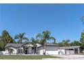 Beautiful home with a two-car garage, well-manicured lawn, palm trees, and modern exterior paint at 27709 Robin Roost Ln, Wesley Chapel, FL 33544