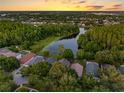 Stunning aerial view of a lakeside community at sunset, surrounded by lush greenery and picturesque homes at 13409 Fawn Springs Dr, Tampa, FL 33626