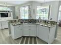 A kitchen island featuring granite countertops and white cabinets overlooks the pool at 19709 Wyndham Lakes Dr, Odessa, FL 33556