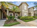 Well-maintained condo exterior with palm trees, a covered entrance, and lush green landscaping at 2347 Willimette Dr, Wesley Chapel, FL 33543
