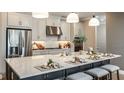 Modern kitchen featuring a large island, stainless steel appliances, and stylish pendant lighting at 3411 Lumber Falls Dr, Plant City, FL 33565