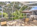 Relaxing screened patio with outdoor seating, a grill, and views of a lush green space at 6030 Sandhill Ridge Dr, Lithia, FL 33547