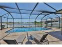 Relaxing screened-in pool area with lounge chairs and a scenic lake view with a fountain at 11924 Brighton Knoll Loop, Riverview, FL 33579