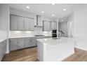 Modern kitchen features gray cabinets, stainless steel appliances, and a white countertop island at 35609 Stableton Lane, Zephyrhills, FL 33541