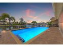 Backyard pool with brick patio surrounded by palm trees and serene water views at dusk. Perfect for outdoor entertaining at 5208 Denver Ne St, St Petersburg, FL 33703