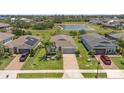 Aerial view of a residential neighborhood, showcasing the home's location near a pond at 764 W Bayshore Dr, Tarpon Springs, FL 34689
