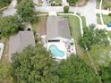 An aerial view showcases this property's refreshing private pool, patio area, and fenced yard surrounded by mature trees at 11302 Crane Lake Ct, Riverview, FL 33569