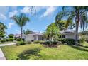 Beautiful single-story home with well-manicured lawn and landscaping, including tropical palm trees at 2113 Malcolm Dr, Palm Harbor, FL 34684