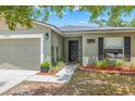 Welcoming front entrance with a solid door, a well-manicured garden bed, and an attached two-car garage at 13643 Tramore Dr, Odessa, FL 33556
