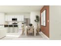 Contemporary open-concept dining room adjacent to a modern kitchen with white cabinets and stainless appliances at 5627 Red Kite Dr, Wimauma, FL 33598