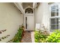 Front door entrance featuring a classic white door, brick walkway, and well-maintained landscaping at 5009 Sandy Brook Cir, Wimauma, FL 33598