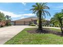 Charming home boasting a three-car garage, beautiful lawn, and mature palm tree landscaping at 8827 Scout Lake Ct, New Port Richey, FL 34654