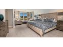 Serene main bedroom featuring plush carpeting, a sitting area, and large windows with scenic views at 13722 Heartwood Way, Parrish, FL 34219