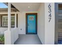 Close-up of a bright blue front door with modern hardware and contrasting trim at 6347 S Lansdale Cir, Tampa, FL 33616