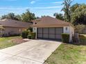 Long driveway leading to a two-car garage, surrounded by green landscaping and mature trees, side view at 9200 Halberg Dr, Hudson, FL 34669