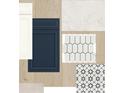 Selection of kitchen materials, including white and navy cabinetry, marble, backsplash, and flooring at 10657 Crescent Creek Xing, Parrish, FL 34219