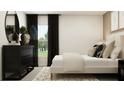 Comfortable bedroom showcasing a plush bed, dark dresser, window with curtains, and stylish decor at 11844 Blue Diamond Trl, Parrish, FL 34219