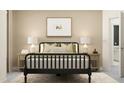 Bedroom featuring a black spindle bed frame with decorative pillows and ambient lighting at 18136 Serene Lake Loop, Lutz, FL 33548