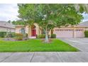 Inviting one-story home with a lush green lawn, shade tree, and a pink three-car garage at 18444 Eastwyck Dr, Tampa, FL 33647