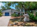 Single story home with a blue garage door, concrete driveway, and rock landscaping feature at 1514 Florida Ave, Palm Harbor, FL 34683