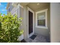 Inviting front door with fresh neutral paint and decorative shrubbery at 1897 Trailside Dr, Palm Harbor, FL 34683