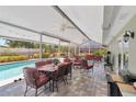 Inviting enclosed patio featuring lounge seating, a dining table and an outdoor pool at 1907 Sandpiper Dr, Clearwater, FL 33764