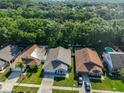 An aerial view showing a neighborhood surrounded by lush greenery at 6232 Crickethollow Dr, Riverview, FL 33578