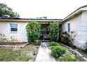 View of the front entrance framed by vibrant flowering bushes, enhancing its curb appeal at 11411 N 19Th St, Tampa, FL 33612
