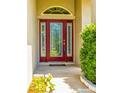 Elegant front door with decorative glass panels and a transom window at 3095 Coronet Ct, Spring Hill, FL 34609