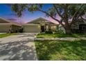 Charming single-story home with well-manicured lawn and a lovely sunset backdrop at 10449 Hunters Haven Blvd, Riverview, FL 33578