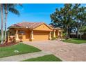 Lovely home features a terracotta roof, two-car garage with a basketball hoop, brick driveway, and tropical landscaping at 800 Belted Kingfisher S Dr, Palm Harbor, FL 34683