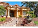 Inviting entrance featuring stone walkway, water feature and decorative glass front doors and stately white pillars at 800 Belted Kingfisher S Dr, Palm Harbor, FL 34683