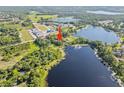 Stunning aerial view showcases the property's prime waterfront location on a beautiful lake at 8011 N Mobley Rd, Odessa, FL 33556