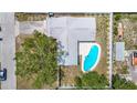 Aerial view of the house showcasing the backyard with a large pool, patio area, and lush landscaping at 10006 N Connechusett Rd, Tampa, FL 33617