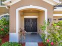 Close-up of a double front door with an arched entrance, framed by lush landscaping and charming details at 7852 Stoney Hill Dr, Wesley Chapel, FL 33545